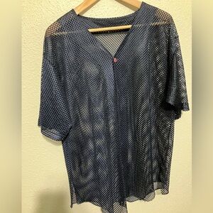 Blue Mesh Athletic Jersey V-Neck Button Down Short Sleeve L